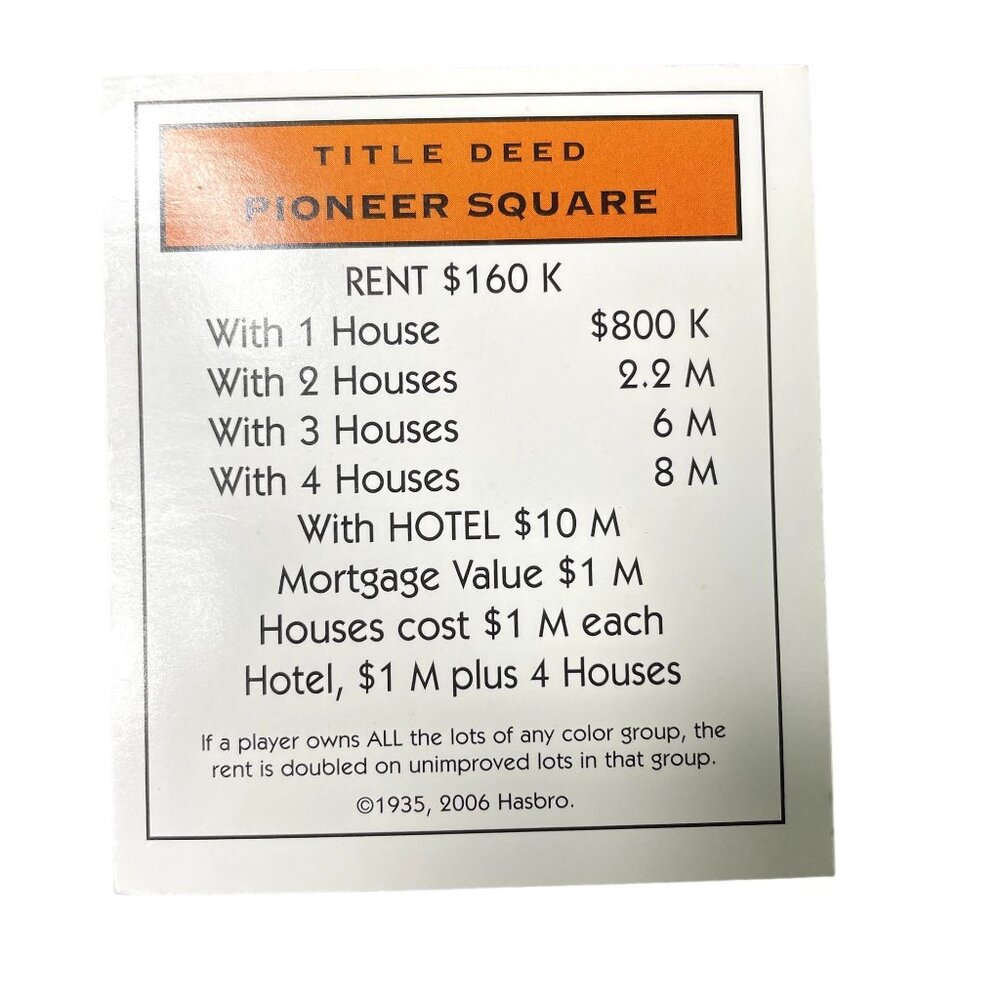 Monopoly Electronic Banking Pioneer Square Property u Title Deed Card Replacemen